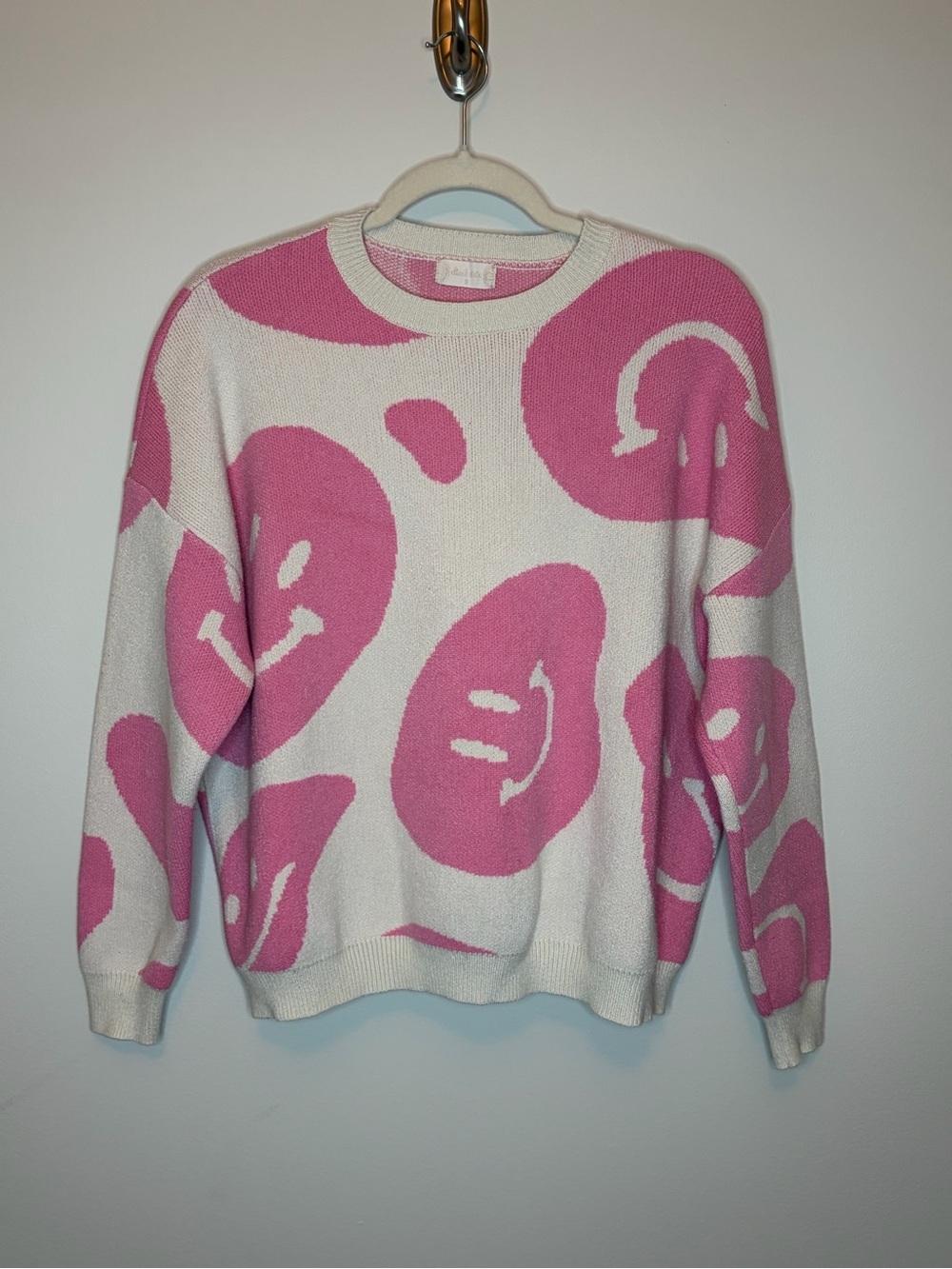 Altar’d State Pink & White Smiley Face Knit Sweater Small